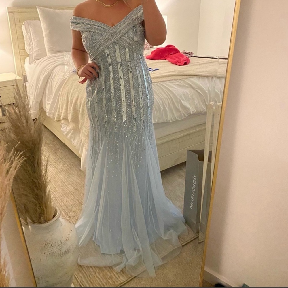 Aidan Mattox Blue Off-Shoulder Gown